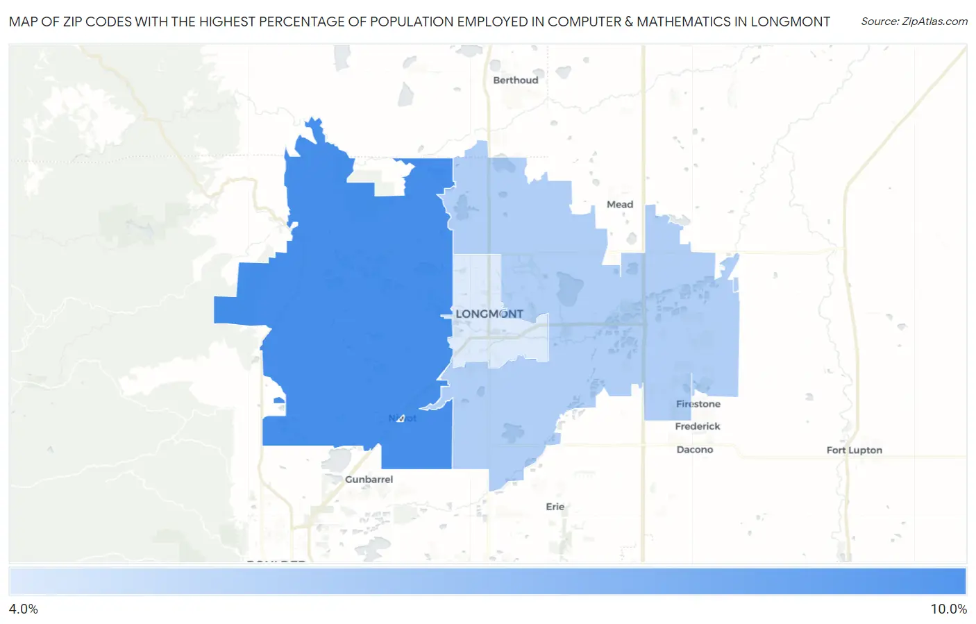 Zip Codes with the Highest Percentage of Population Employed in Computer & Mathematics in Longmont Map