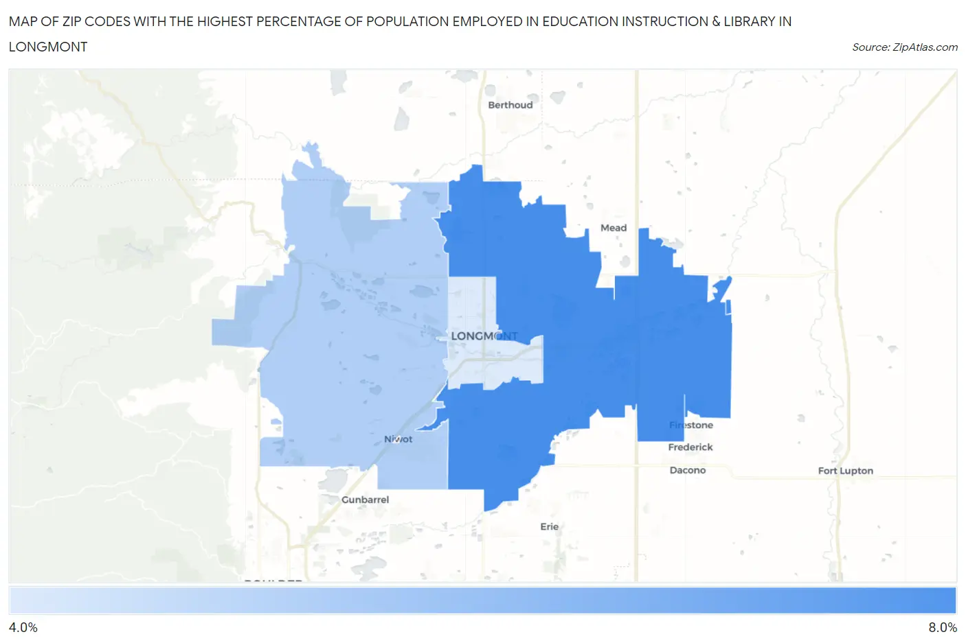 Zip Codes with the Highest Percentage of Population Employed in Education Instruction & Library in Longmont Map