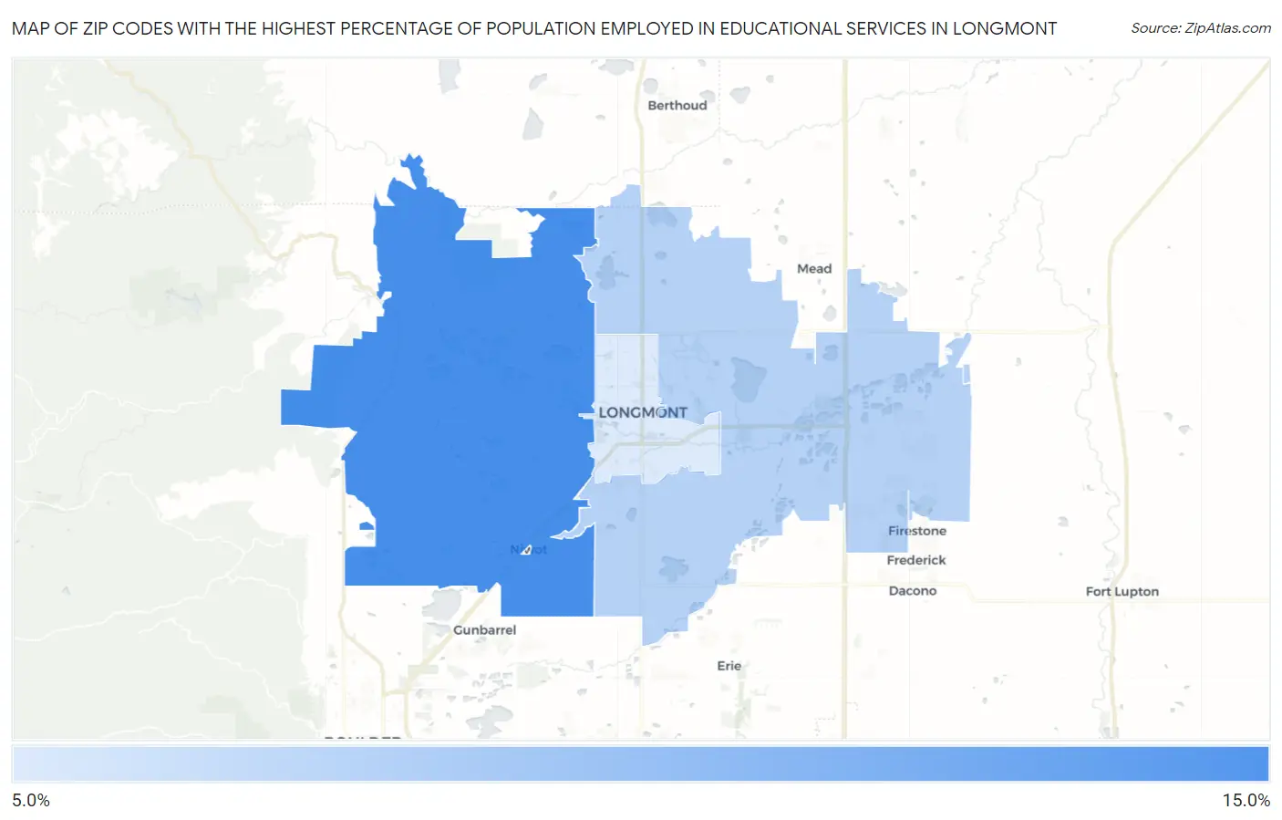 Zip Codes with the Highest Percentage of Population Employed in Educational Services in Longmont Map