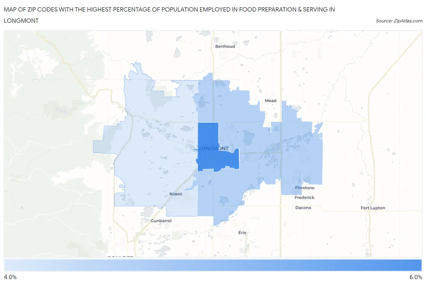 Zip Codes with the Highest Percentage of Population Employed in Food Preparation & Serving in Longmont Map