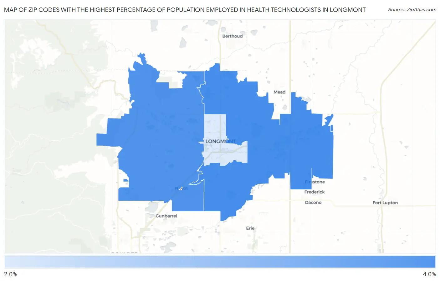 Zip Codes with the Highest Percentage of Population Employed in Health Technologists in Longmont Map