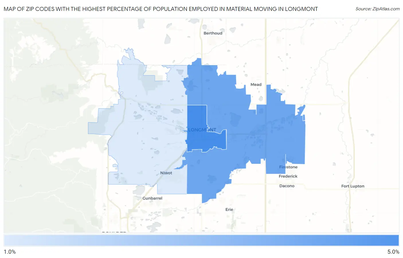 Zip Codes with the Highest Percentage of Population Employed in Material Moving in Longmont Map