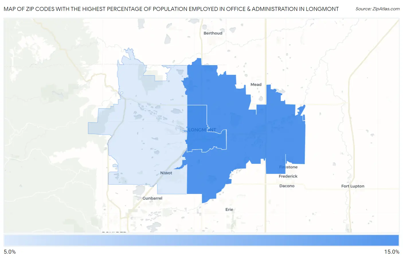 Zip Codes with the Highest Percentage of Population Employed in Office & Administration in Longmont Map