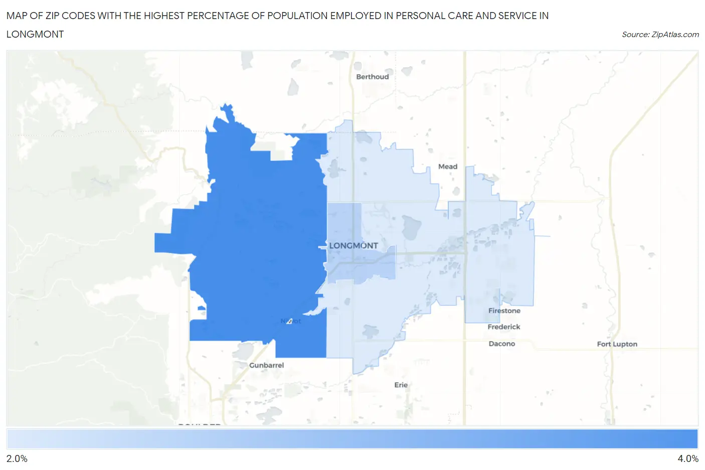 Zip Codes with the Highest Percentage of Population Employed in Personal Care and Service in Longmont Map