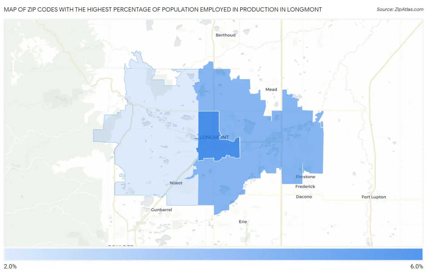 Zip Codes with the Highest Percentage of Population Employed in Production in Longmont Map
