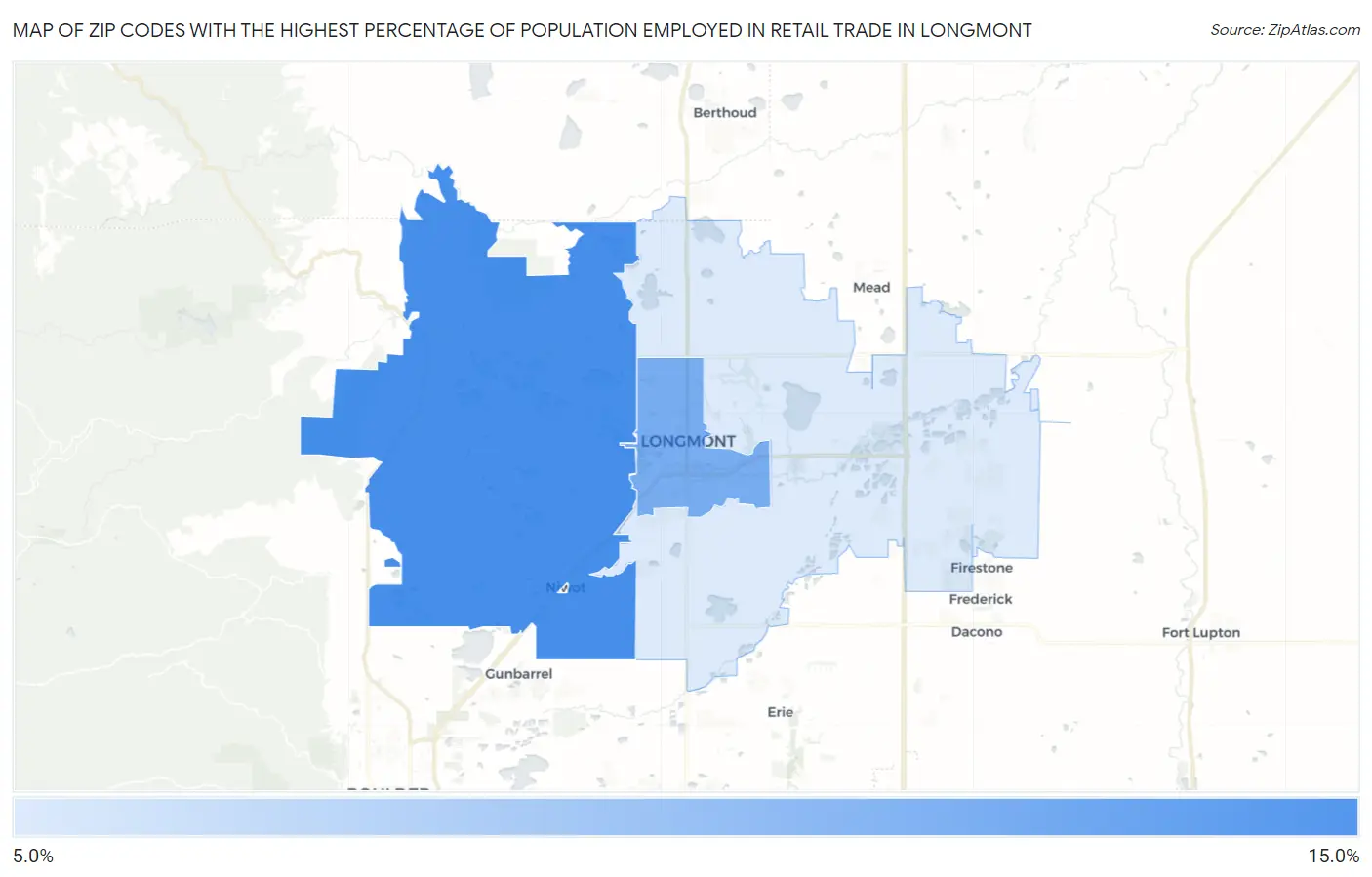 Zip Codes with the Highest Percentage of Population Employed in Retail Trade in Longmont Map