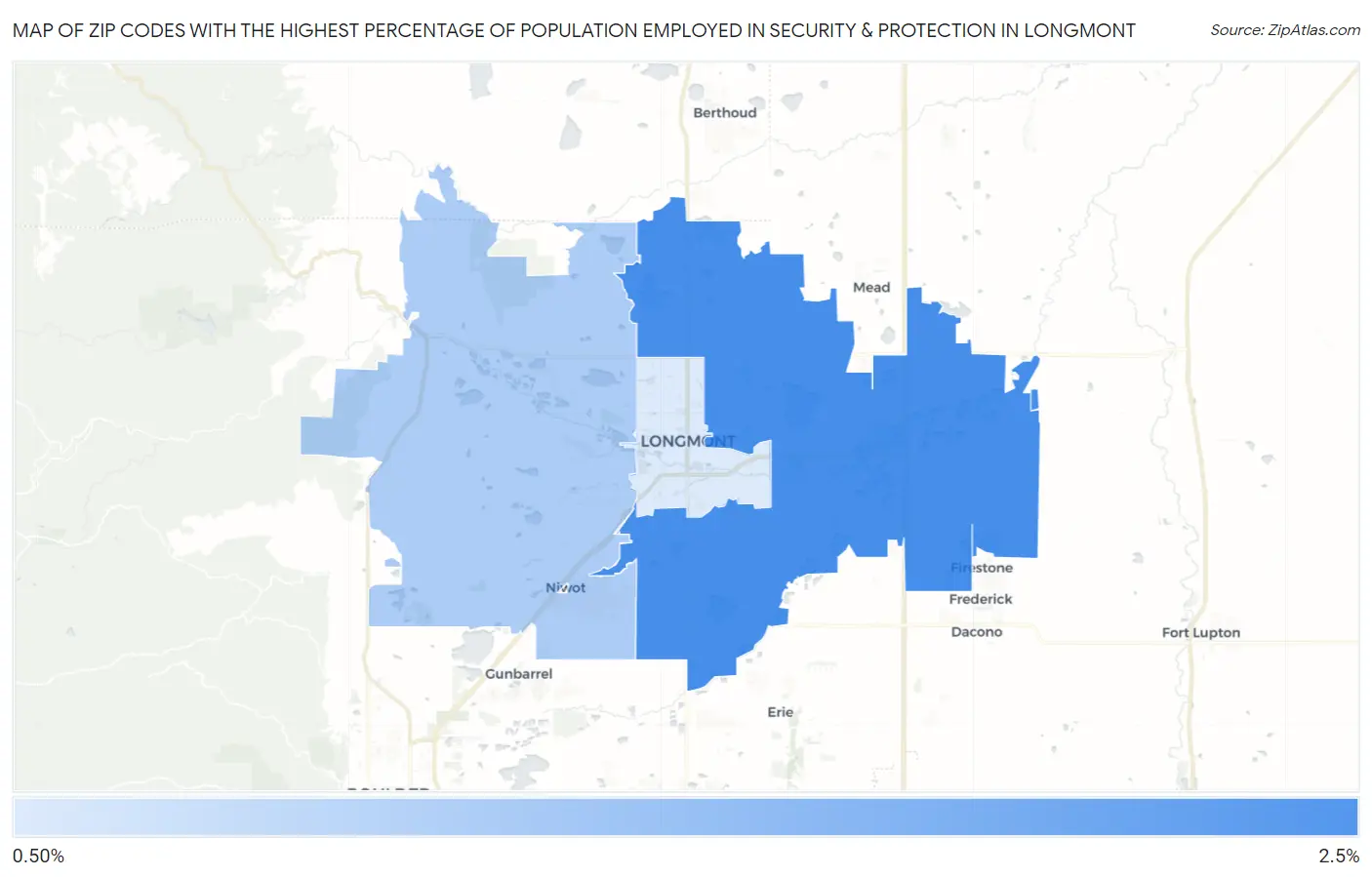Zip Codes with the Highest Percentage of Population Employed in Security & Protection in Longmont Map