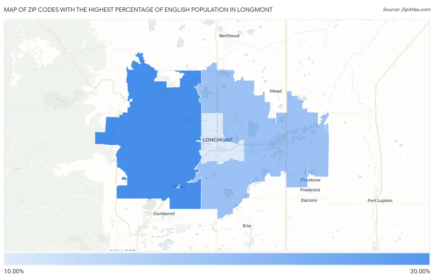 Zip Codes with the Highest Percentage of English Population in Longmont Map
