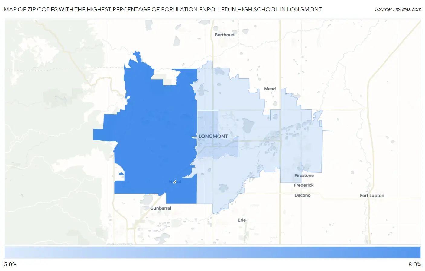 Zip Codes with the Highest Percentage of Population Enrolled in High School in Longmont Map
