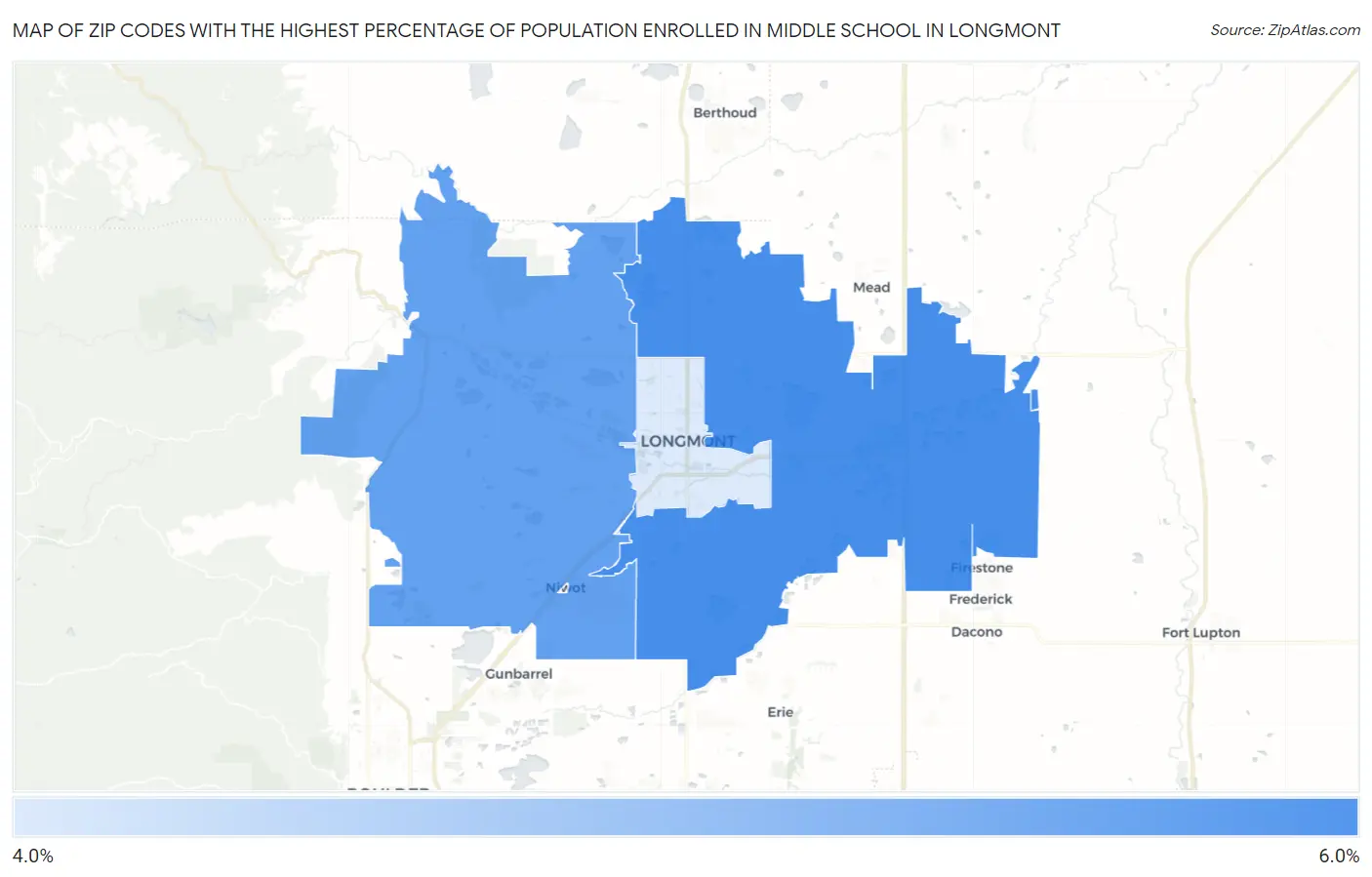 Zip Codes with the Highest Percentage of Population Enrolled in Middle School in Longmont Map