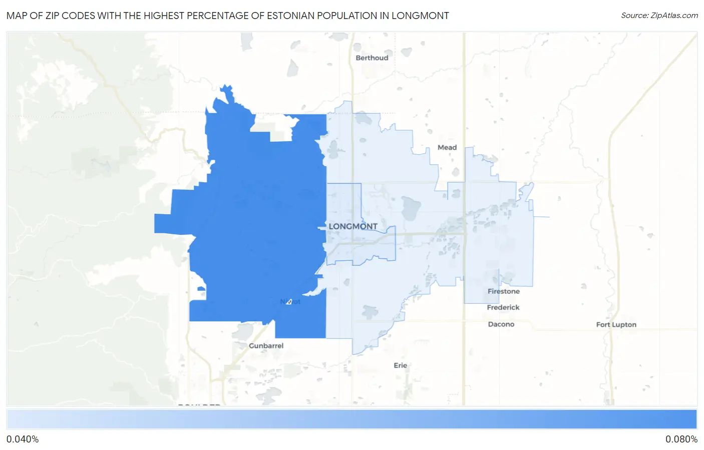 Zip Codes with the Highest Percentage of Estonian Population in Longmont Map