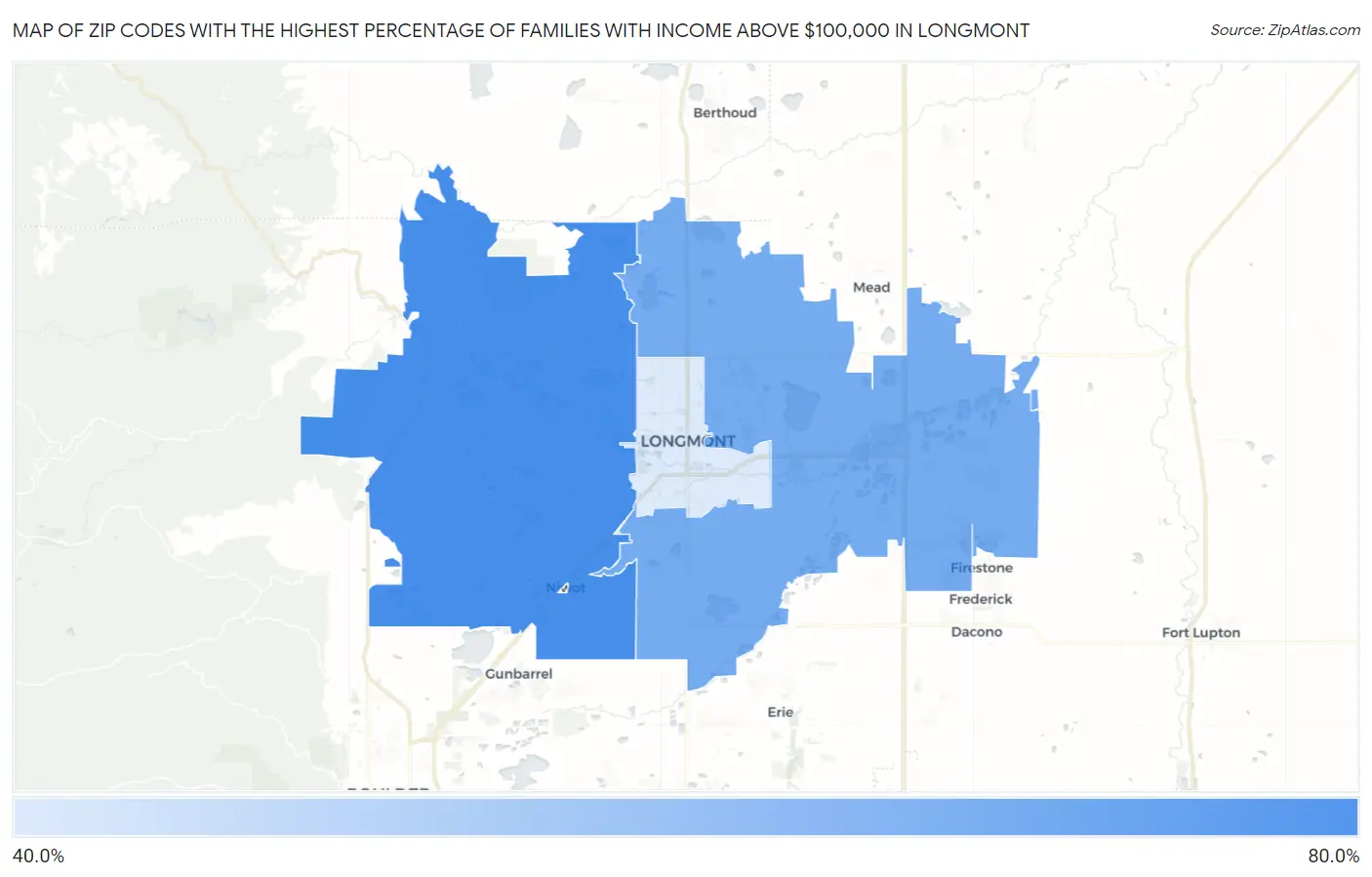 Zip Codes with the Highest Percentage of Families with Income Above $100,000 in Longmont Map