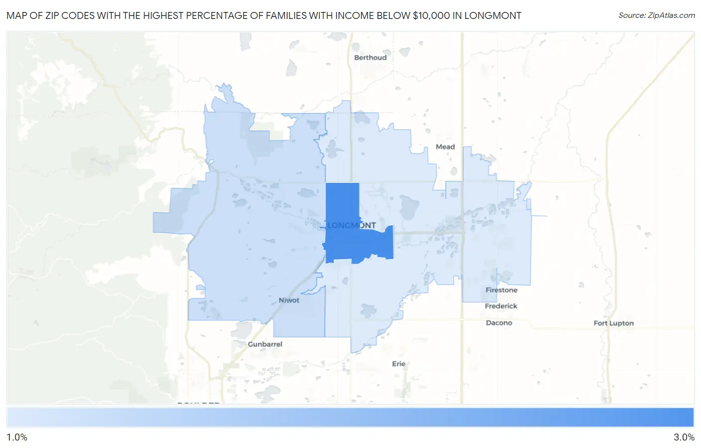 Zip Codes with the Highest Percentage of Families with Income Below $10,000 in Longmont Map