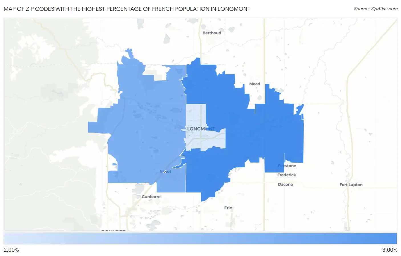 Zip Codes with the Highest Percentage of French Population in Longmont Map