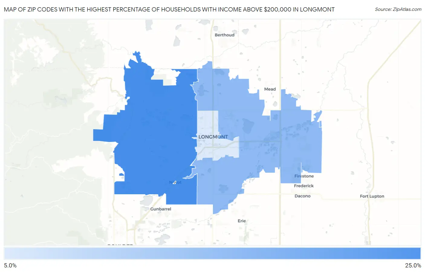 Zip Codes with the Highest Percentage of Households with Income Above $200,000 in Longmont Map