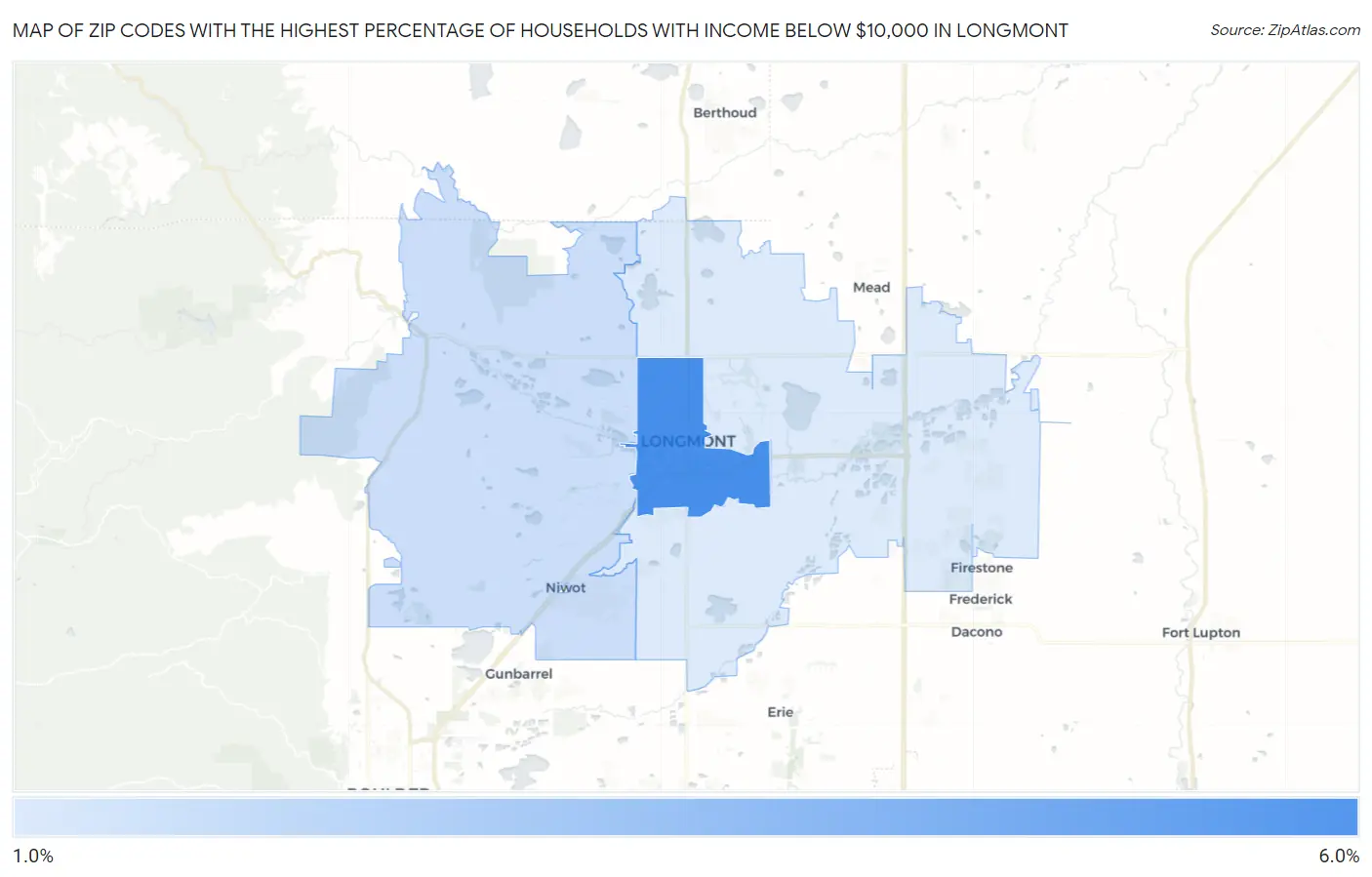 Zip Codes with the Highest Percentage of Households with Income Below $10,000 in Longmont Map