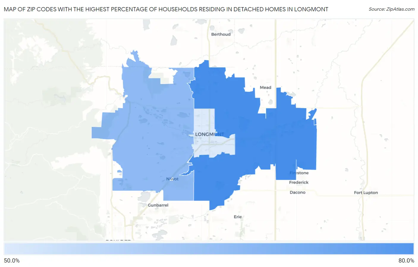 Zip Codes with the Highest Percentage of Households Residing in Detached Homes in Longmont Map