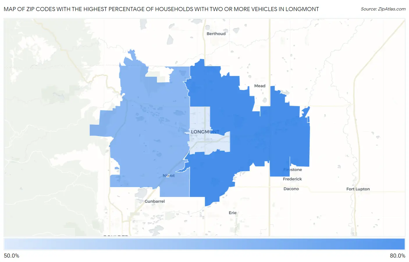Zip Codes with the Highest Percentage of Households With Two or more Vehicles in Longmont Map