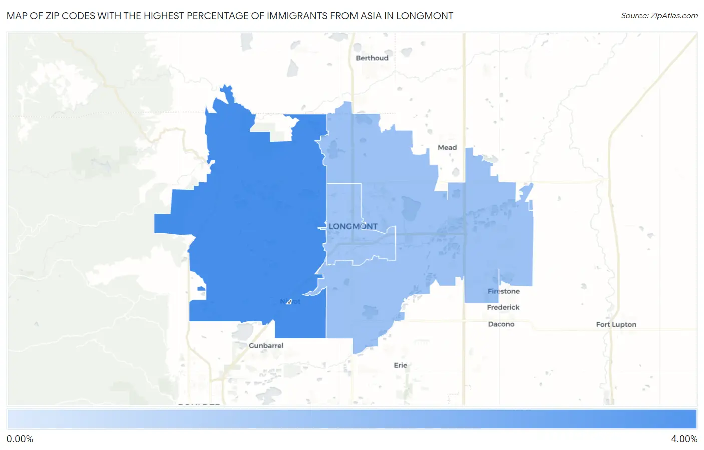 Zip Codes with the Highest Percentage of Immigrants from Asia in Longmont Map