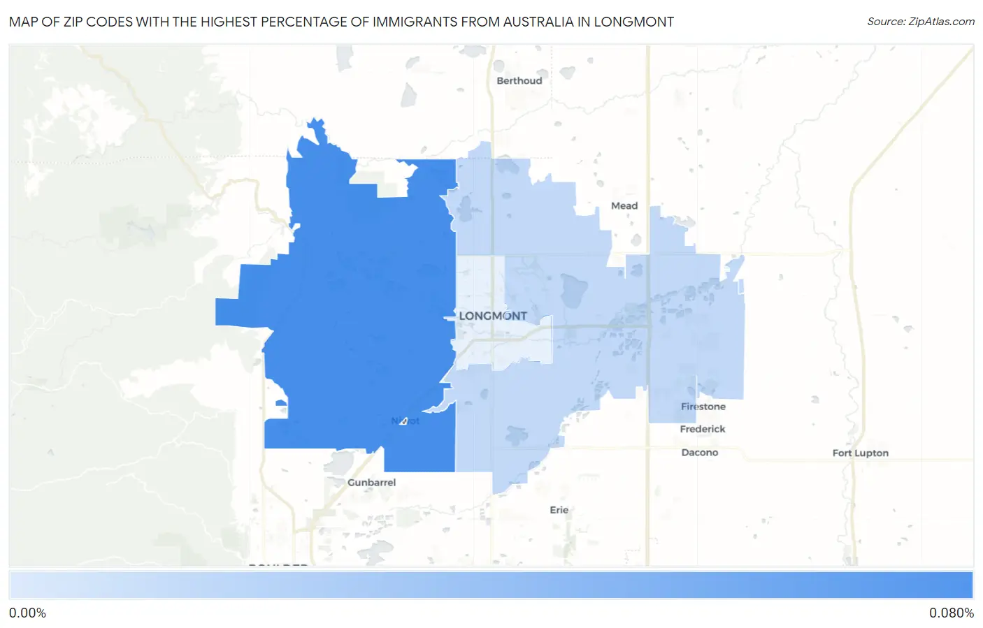 Zip Codes with the Highest Percentage of Immigrants from Australia in Longmont Map