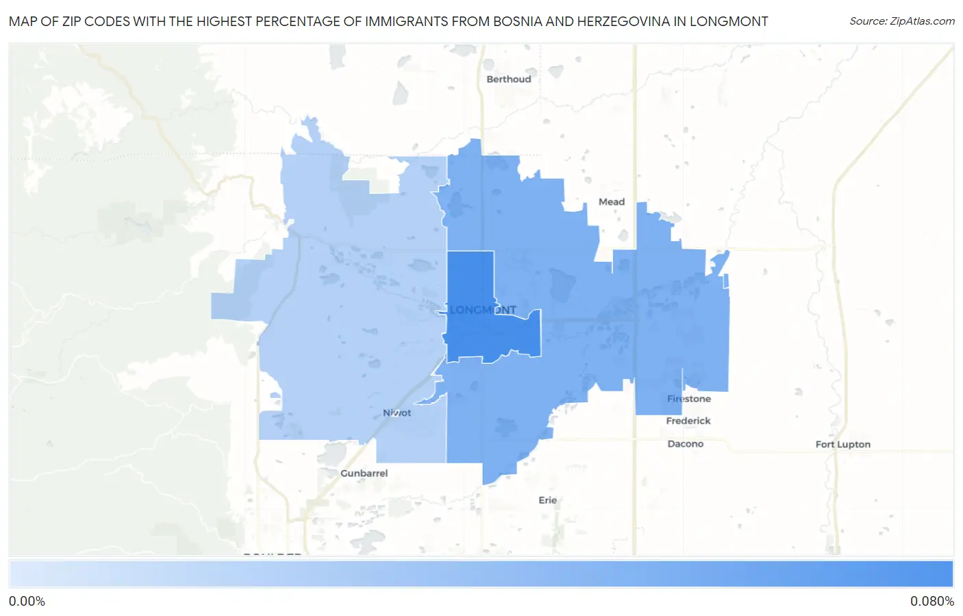 Zip Codes with the Highest Percentage of Immigrants from Bosnia and Herzegovina in Longmont Map