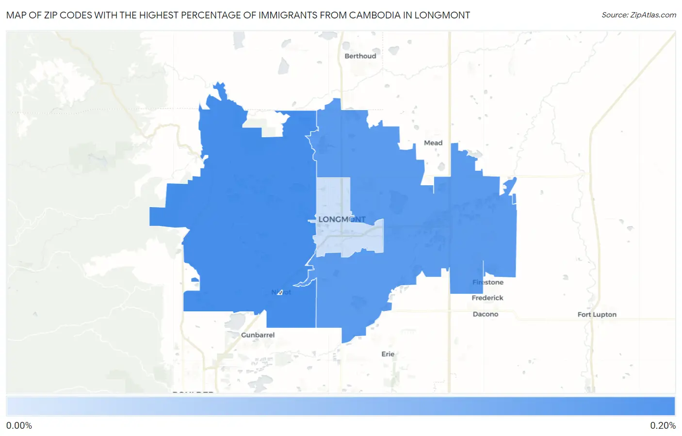 Zip Codes with the Highest Percentage of Immigrants from Cambodia in Longmont Map