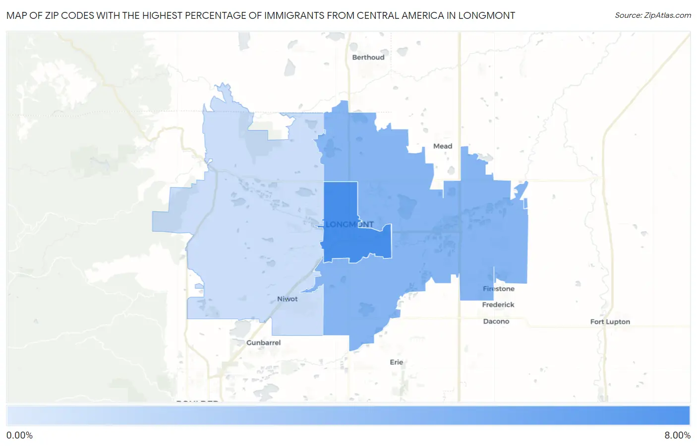 Zip Codes with the Highest Percentage of Immigrants from Central America in Longmont Map