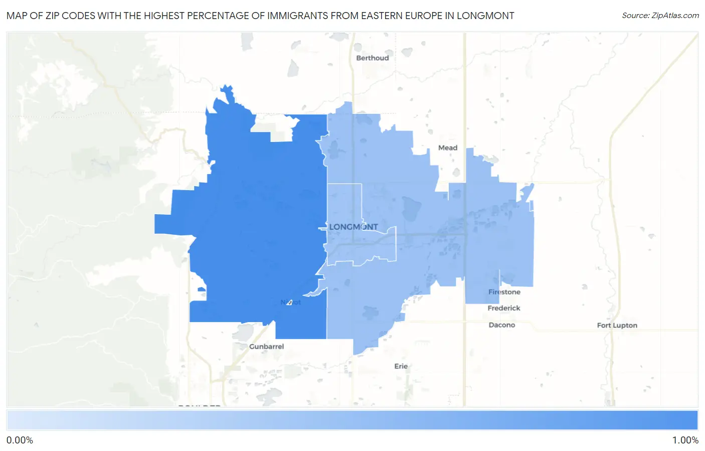 Zip Codes with the Highest Percentage of Immigrants from Eastern Europe in Longmont Map