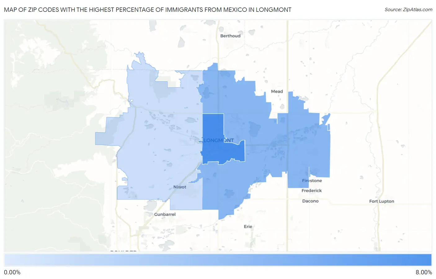 Zip Codes with the Highest Percentage of Immigrants from Mexico in Longmont Map