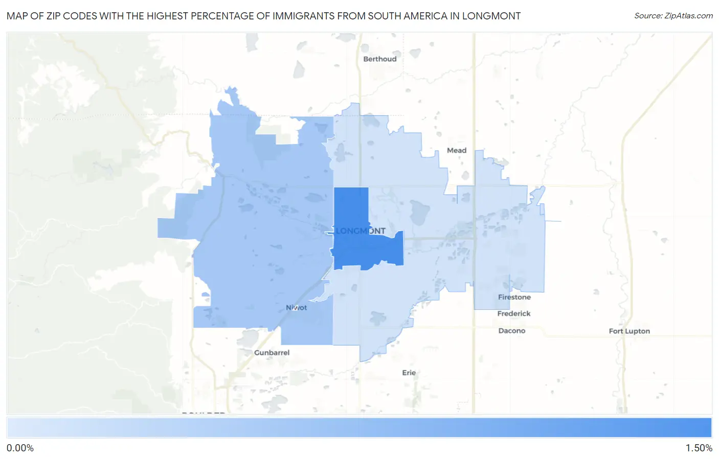 Zip Codes with the Highest Percentage of Immigrants from South America in Longmont Map