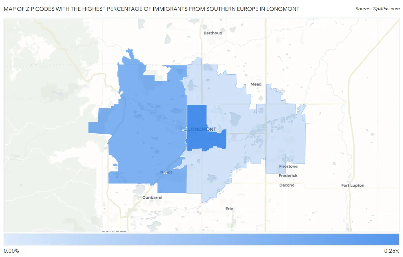 Zip Codes with the Highest Percentage of Immigrants from Southern Europe in Longmont Map