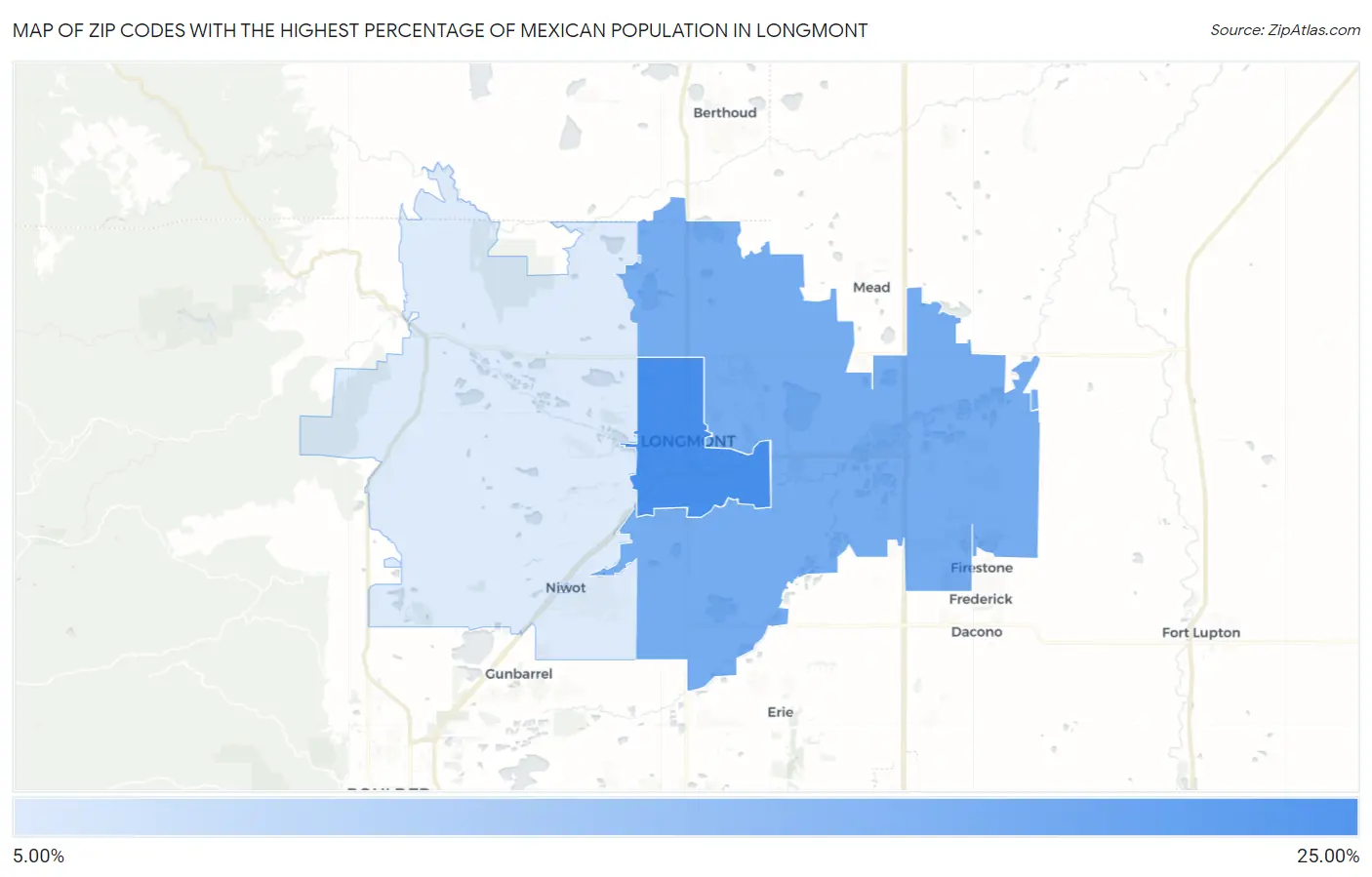Zip Codes with the Highest Percentage of Mexican Population in Longmont Map