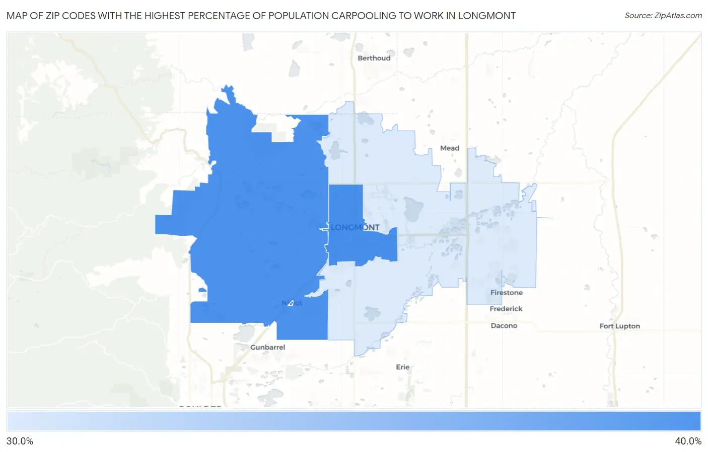 Zip Codes with the Highest Percentage of Population Carpooling to Work in Longmont Map