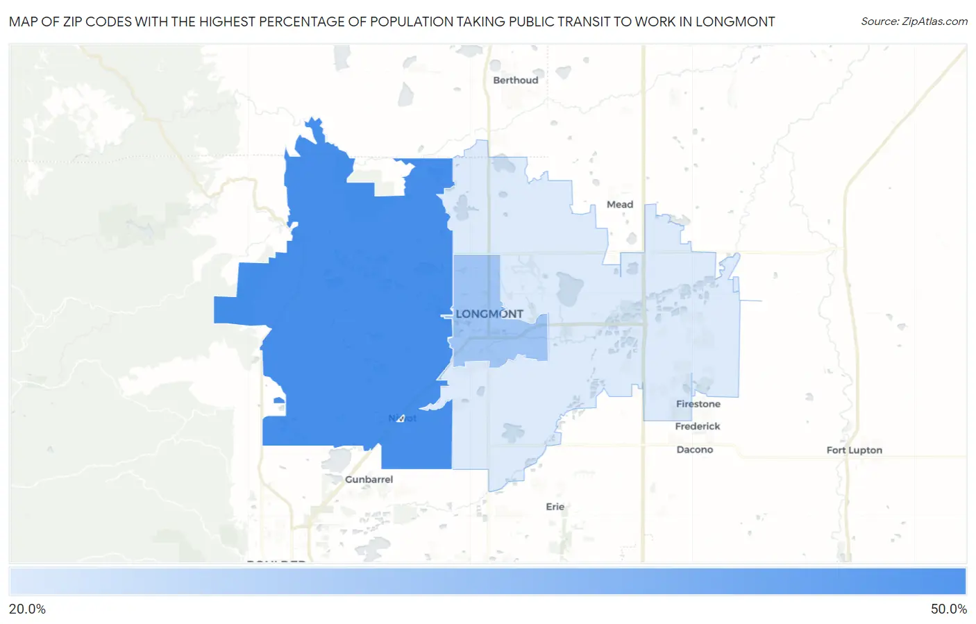 Zip Codes with the Highest Percentage of Population Taking Public Transit to Work in Longmont Map