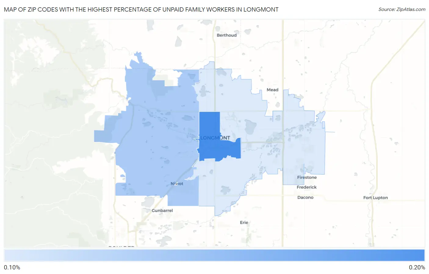 Zip Codes with the Highest Percentage of Unpaid Family Workers in Longmont Map