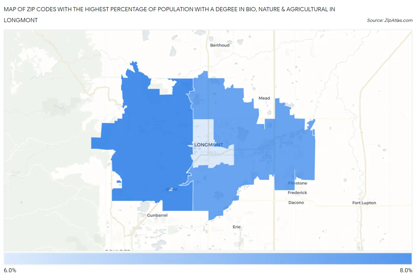 Zip Codes with the Highest Percentage of Population with a Degree in Bio, Nature & Agricultural in Longmont Map