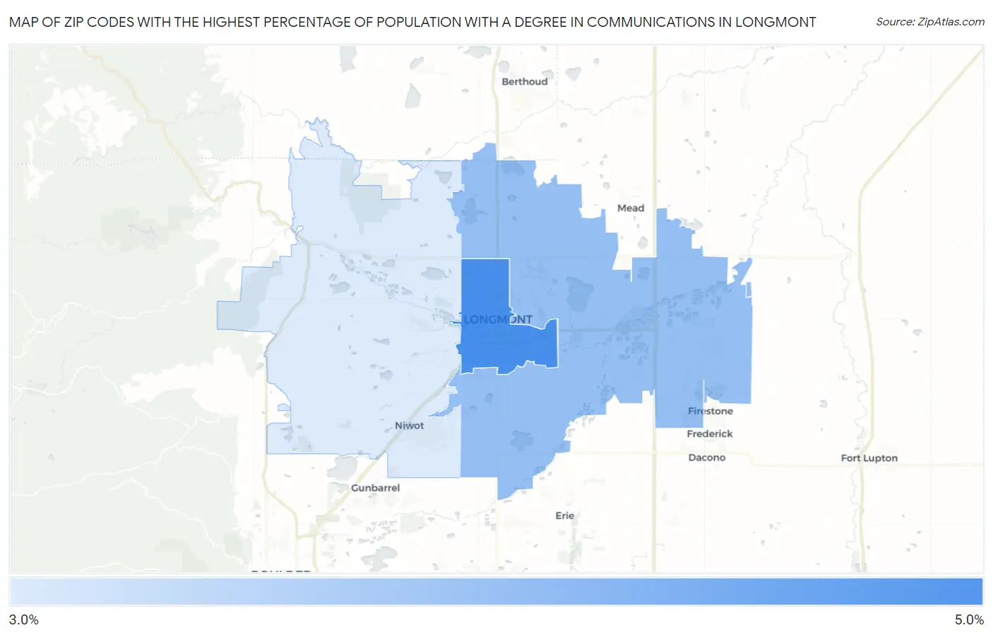 Zip Codes with the Highest Percentage of Population with a Degree in Communications in Longmont Map