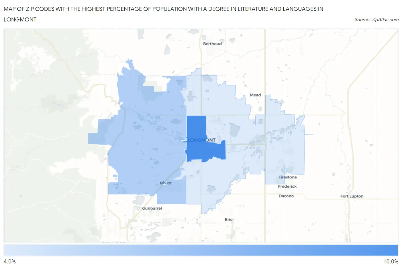 Zip Codes with the Highest Percentage of Population with a Degree in Literature and Languages in Longmont Map