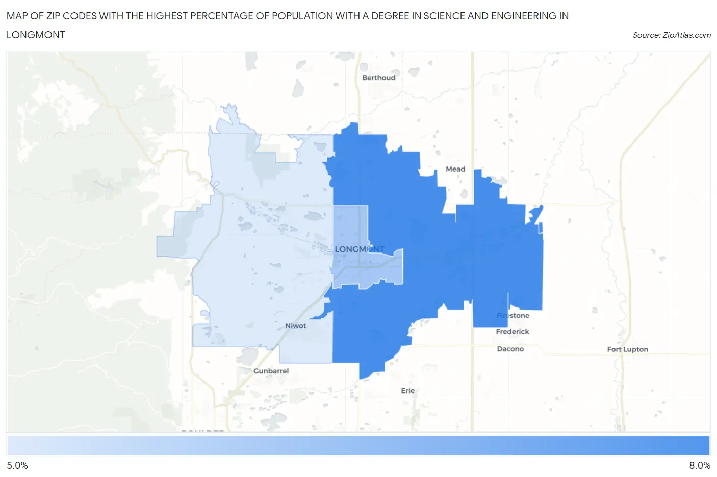 Zip Codes with the Highest Percentage of Population with a Degree in Science and Engineering in Longmont Map