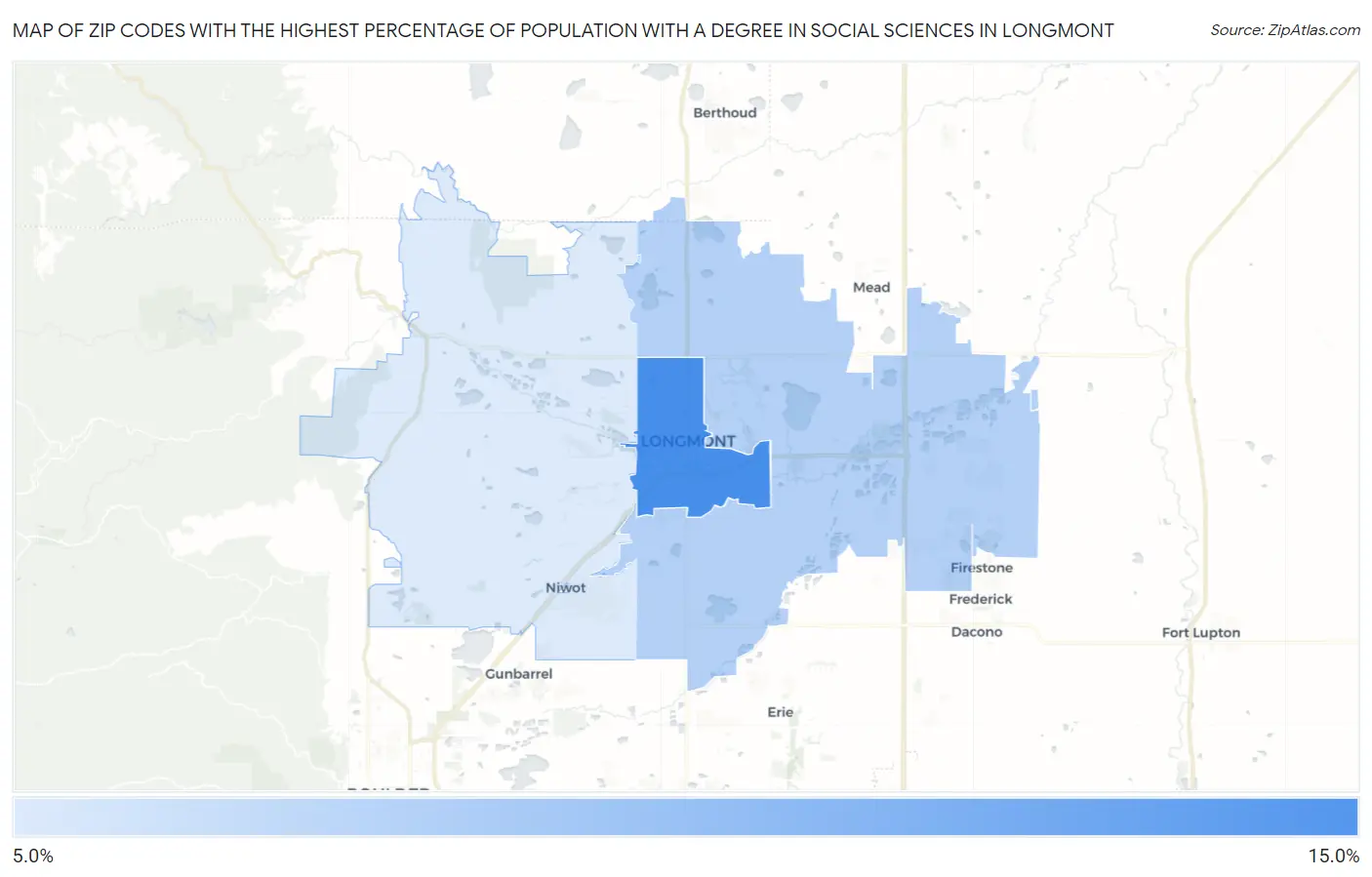 Zip Codes with the Highest Percentage of Population with a Degree in Social Sciences in Longmont Map