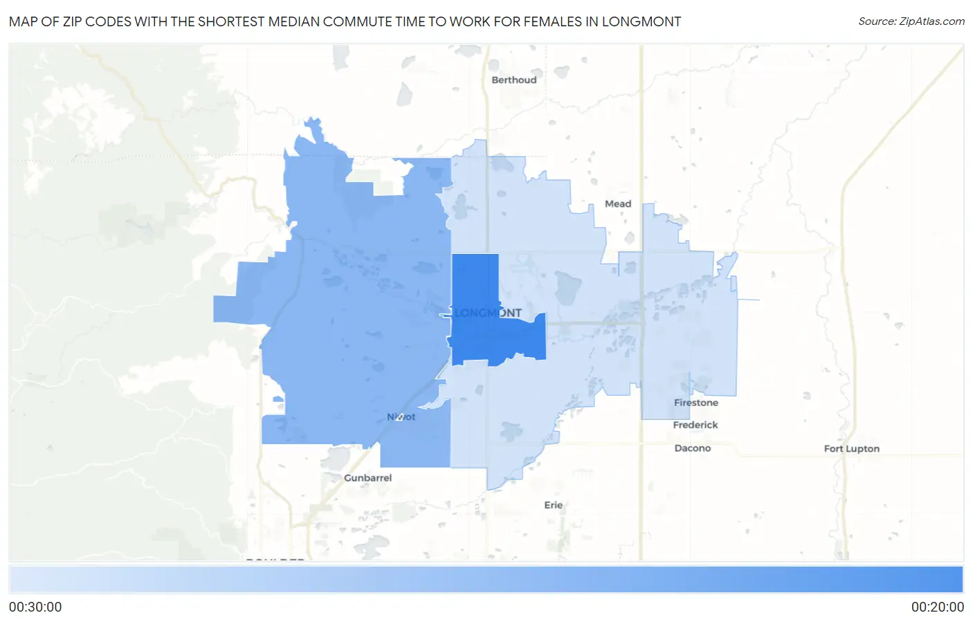 Zip Codes with the Shortest Median Commute Time to Work for Females in Longmont Map