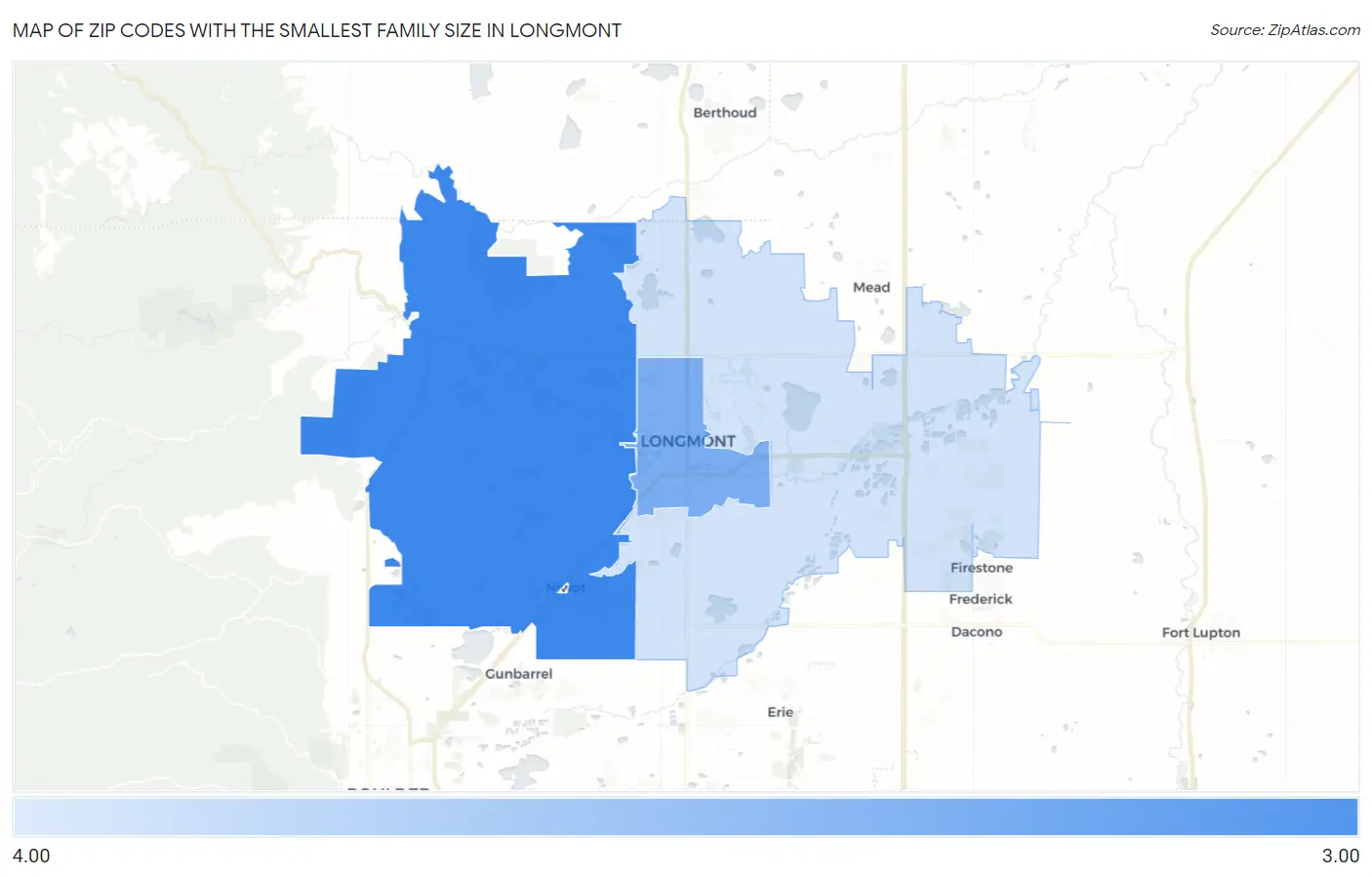 Zip Codes with the Smallest Family Size in Longmont Map
