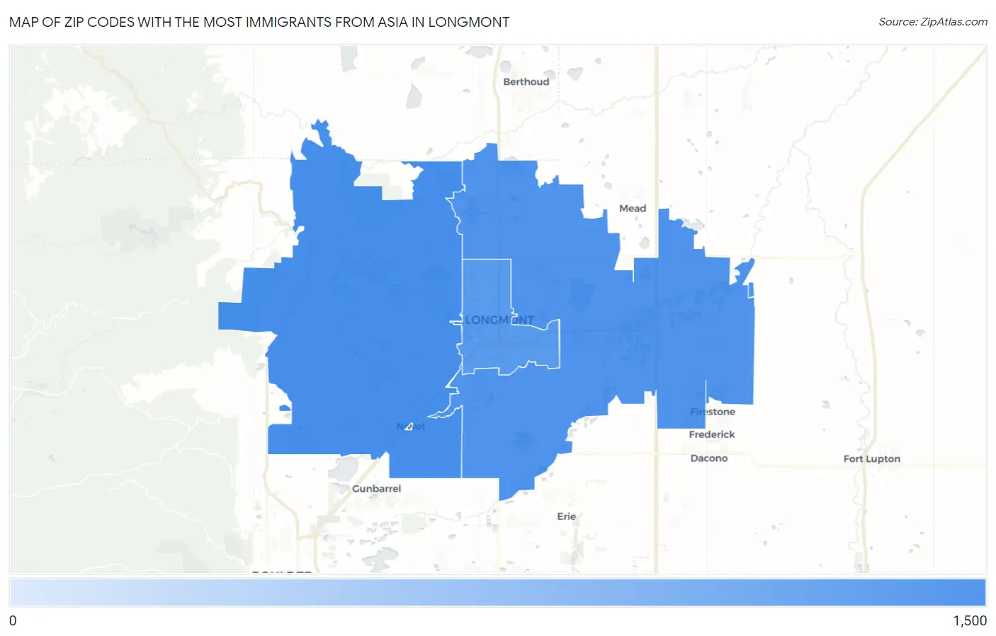 Zip Codes with the Most Immigrants from Asia in Longmont Map
