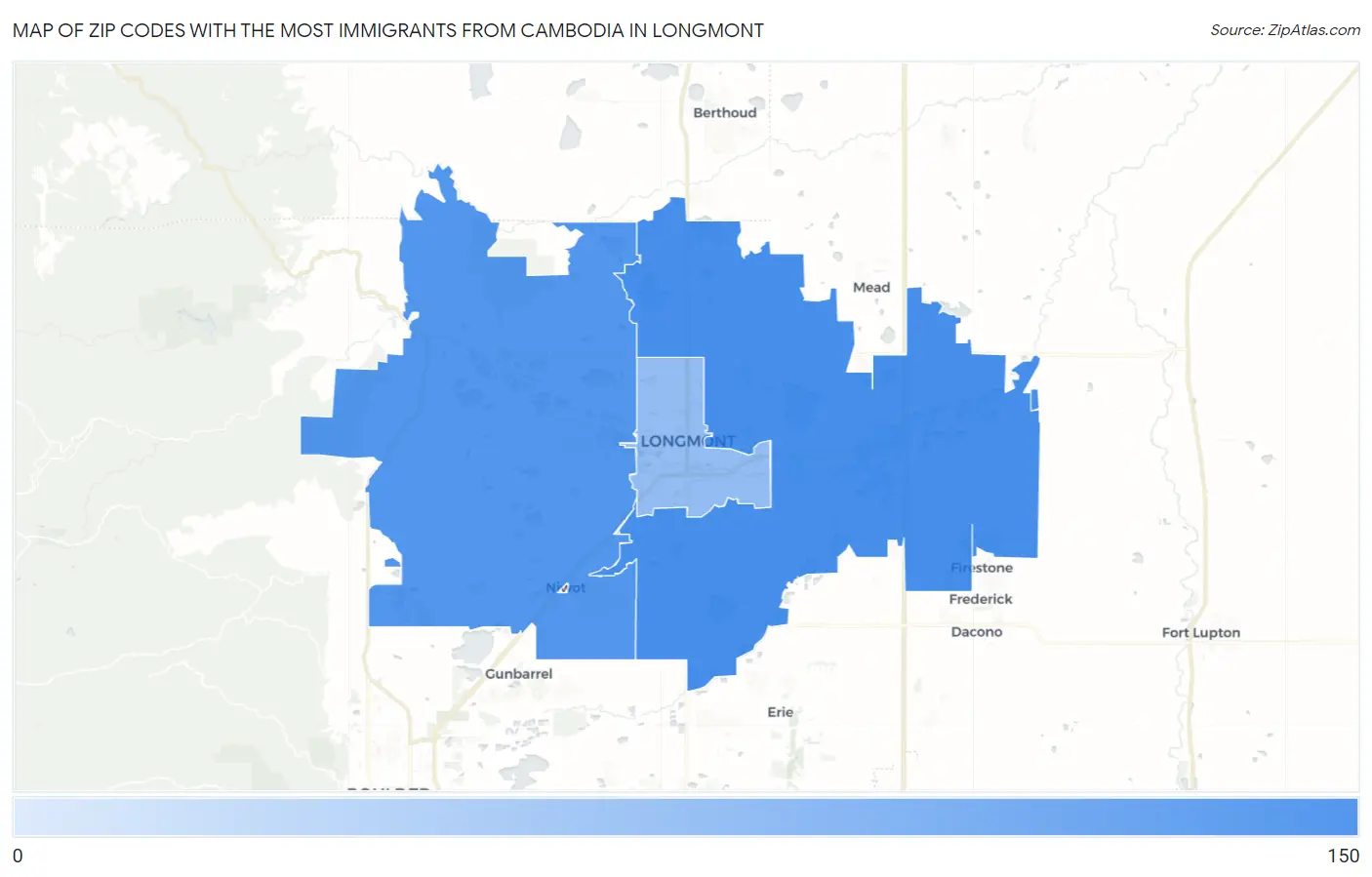 Zip Codes with the Most Immigrants from Cambodia in Longmont Map