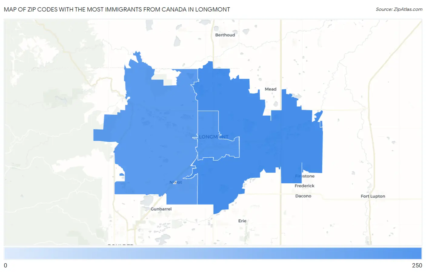 Zip Codes with the Most Immigrants from Canada in Longmont Map