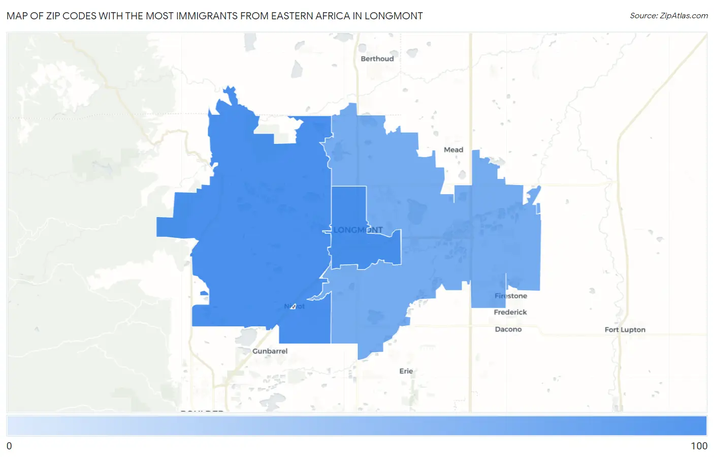 Zip Codes with the Most Immigrants from Eastern Africa in Longmont Map
