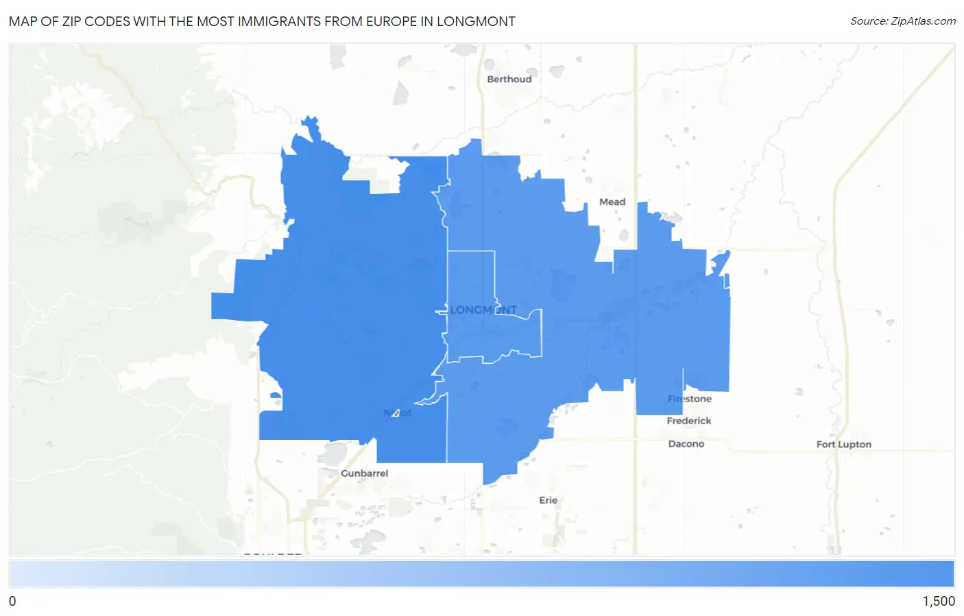 Zip Codes with the Most Immigrants from Europe in Longmont Map