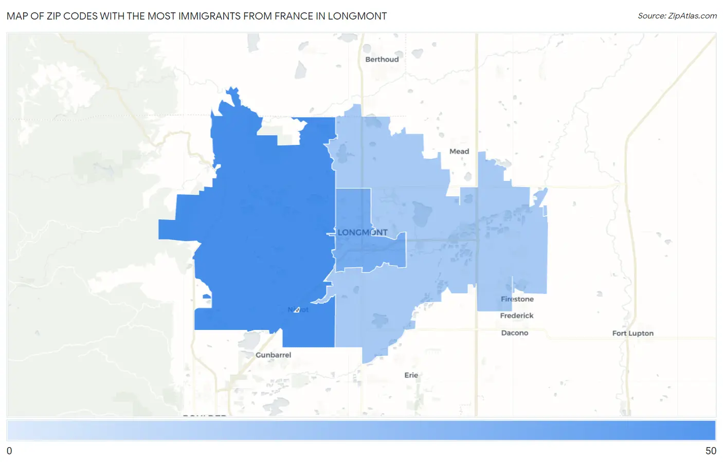 Zip Codes with the Most Immigrants from France in Longmont Map