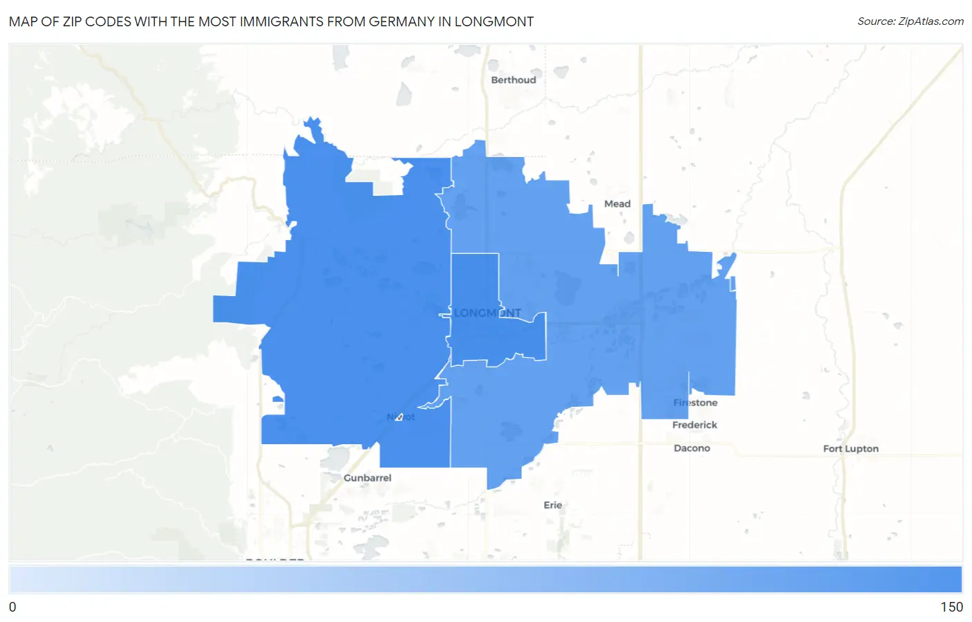 Zip Codes with the Most Immigrants from Germany in Longmont Map