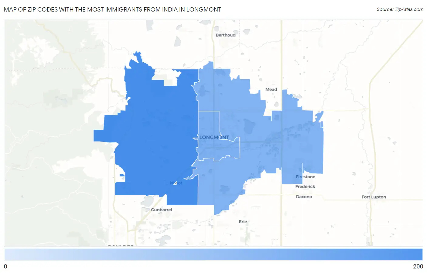 Zip Codes with the Most Immigrants from India in Longmont Map